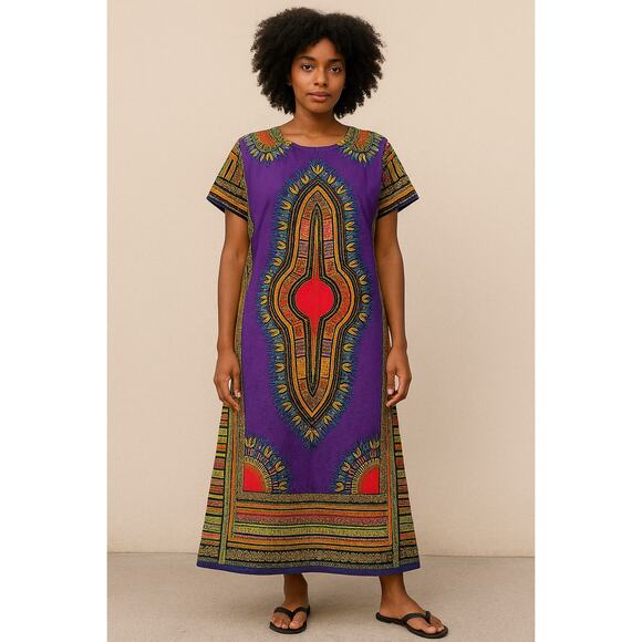 Purple Dashiki Maxi Dress Traditional African Tunic Vibrant Print Cotton NWT - Picture 8 of 8